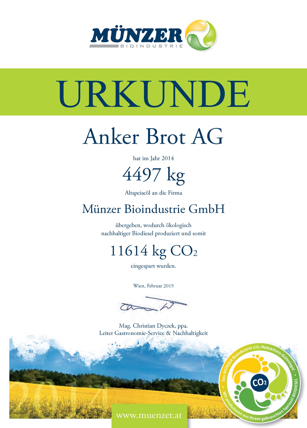 Urkunde Altöl wird zu Biodiesel